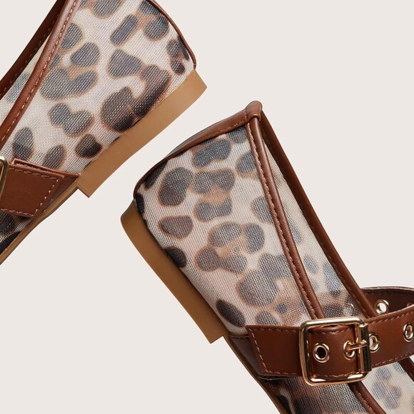 Women Mesh Leopard Polyurethane (PU) Closed Toe Strap Buckle Ballerina Flats - Picture 3 of 6